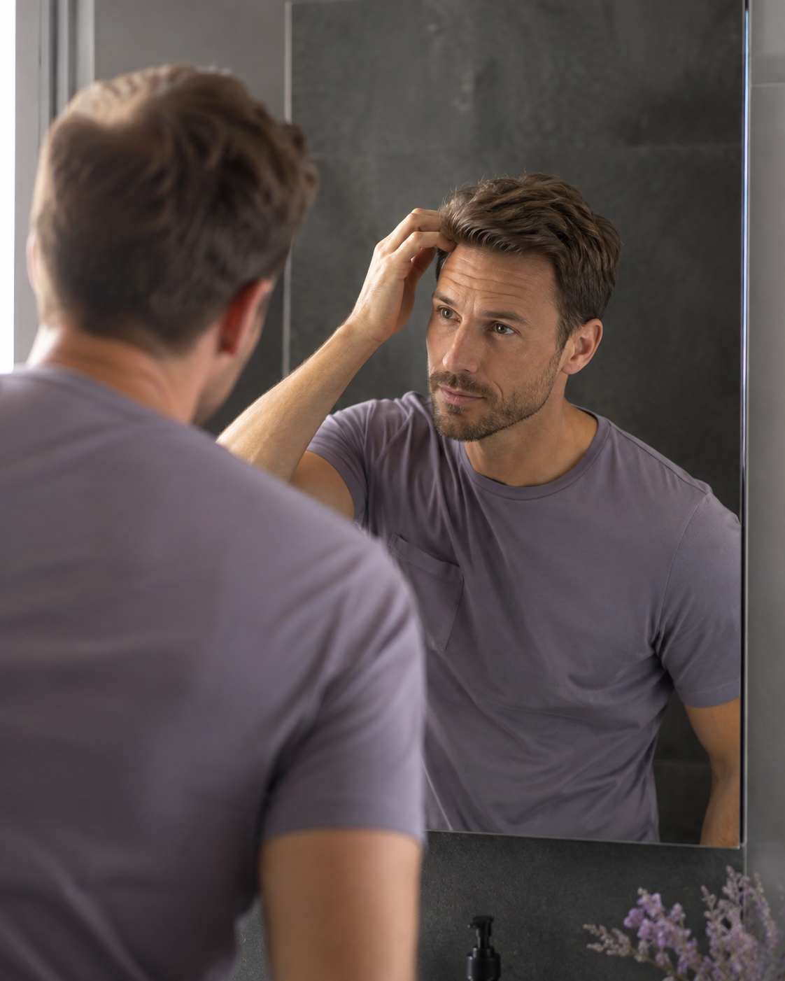 Man checking and lightly styling his hair in a bathroom mirror