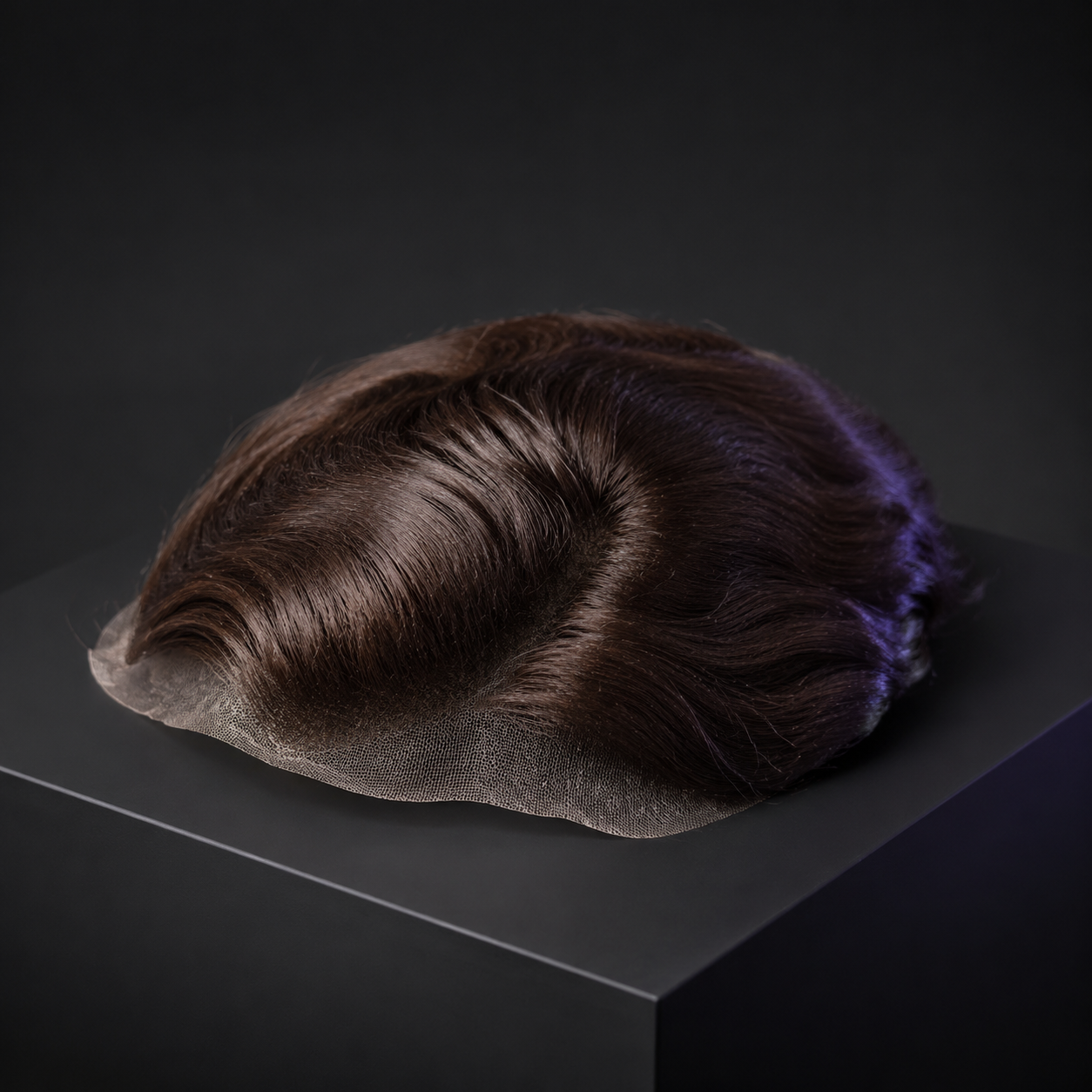 Hair system displayed on a dark studio pedestal