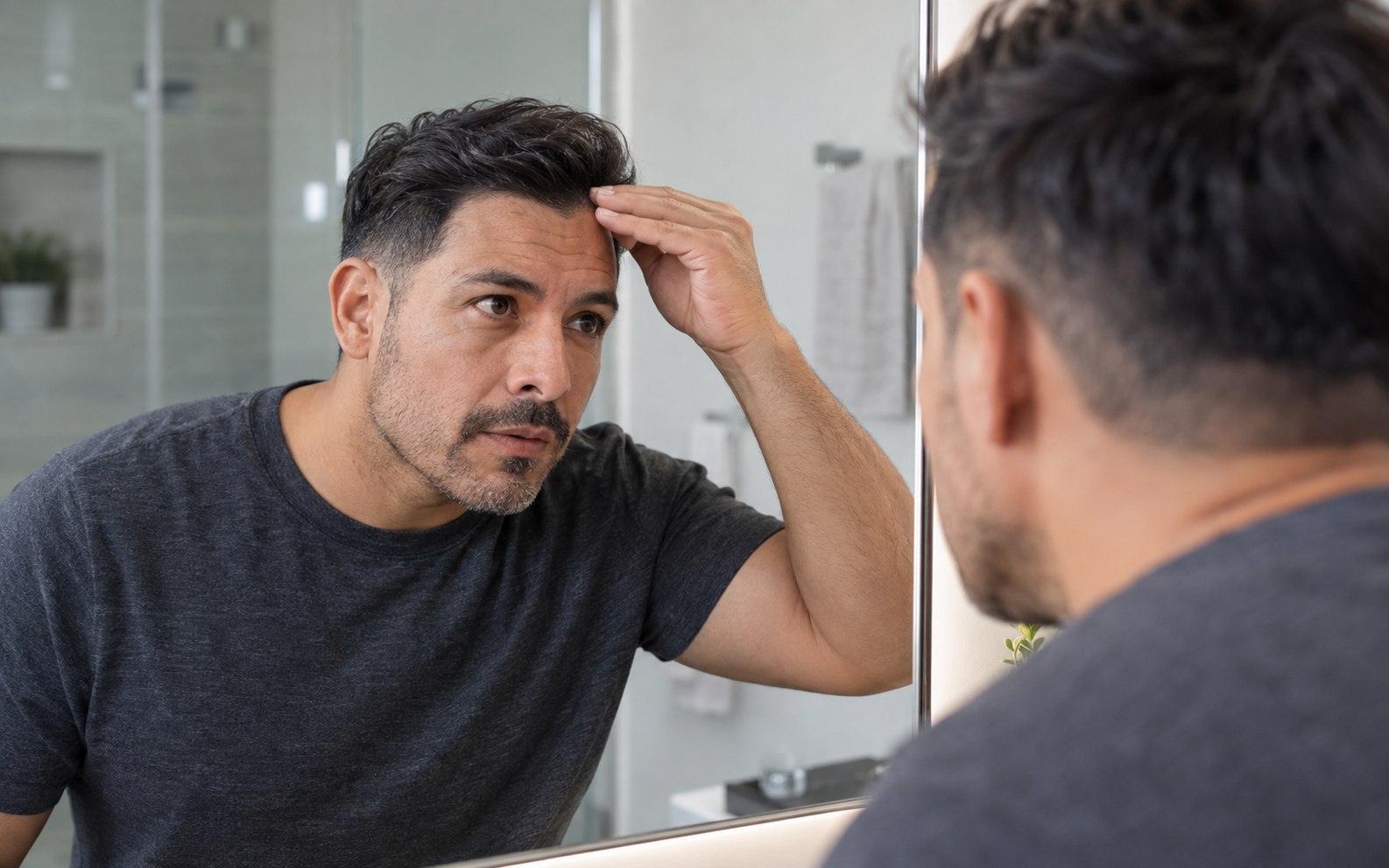 Latino man checking his hair system carefully in a bathroom mirror
